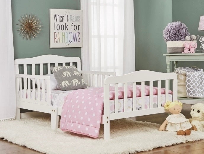 Charming White Toddler Bed with Elephant Accent Pillow