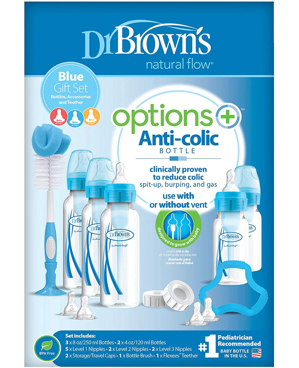 Dr. Brown’s Natural Flow Options+ Anti-Colic Bottle Blue Gift Set – Bottles, Accessories & Teether
